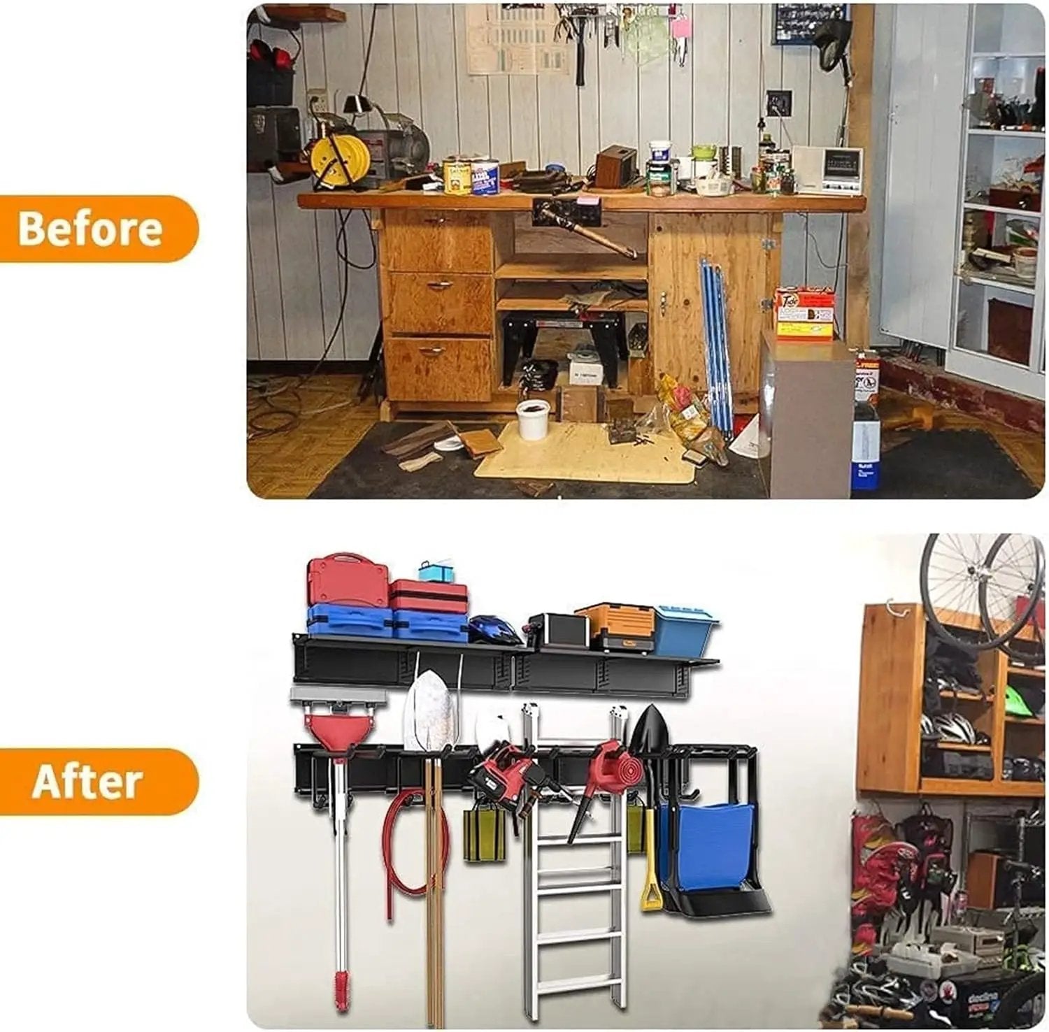TORACK Garage Storage Organizer Systems, Wall Mount Overhead shelving, 48 inch Heavy Duty Steel Tool Racks, 6-Pack 12'' Double Hooks, 48 inch by 7 inch Floating Shelves, up to 1200Ibs by GreenHaven Gardens