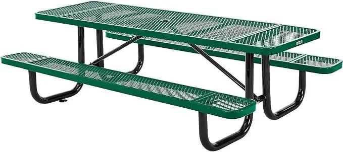 Global Industrial 8’L Rectangular Picnic Table, Expanded Metal, Green Thermoplastic Coating, Attached Benches, 1-1/2” Umbrella Pole Hole, Outdoor-Rated, 1000 lb Capacity, 96” x 30” Tabletop by GreenHaven Gardens