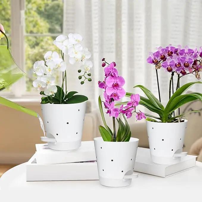 Orchid Pots with Holes, 6 Inch Self Watering Orchid Pot 2 Pack Plastic Plant Pots for Orchid, Flower (White) by GreenHaven Gardens