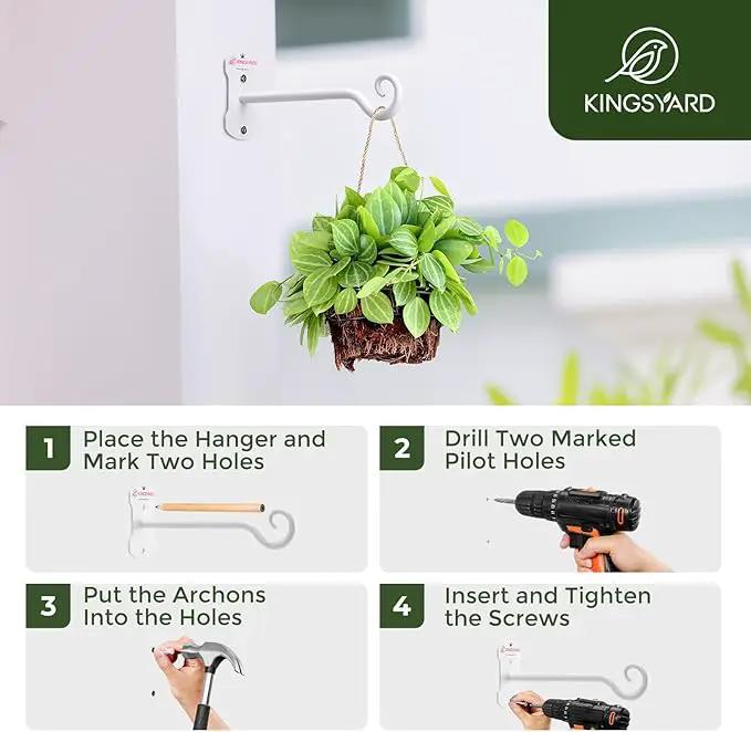 Kingsyard 4 Pack Wall Plant Hanger - Heavy Duty Metal Hanging Bracket Hooks for Hanging Plant Bird Feeders Lanterns Wind Chimes Indoor/Outdoor. White by GreenHaven Gardens