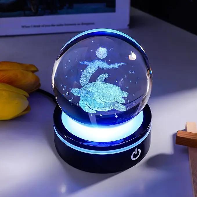 YWHL 3D Sea Turtle Crystal Ball Figurine with LED Base Laser Sea Turtle Gifts for Women Men on Christmas Birthday Decorative Turtle Ball Sea Turtle Glass Globe Night Light for Home Decor (80mm) by GreenHaven Gardens