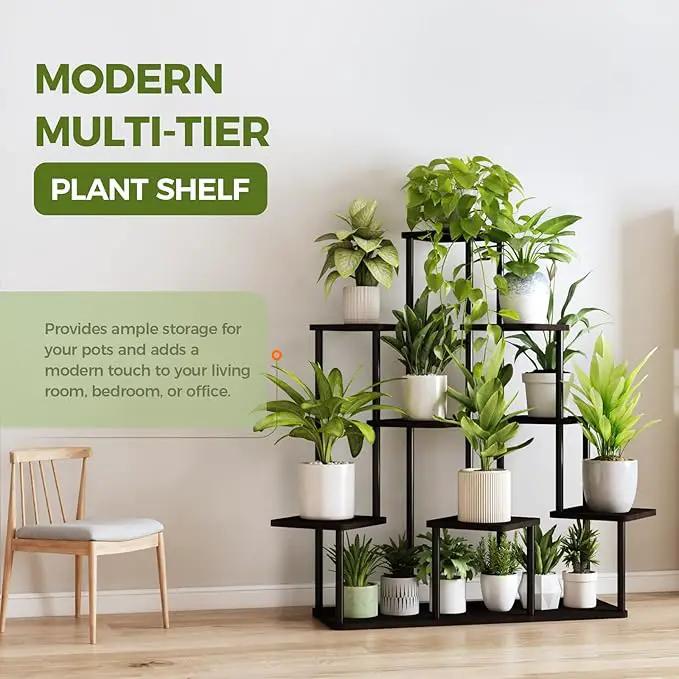 Bamworld Large Plant Stand Indoor, 9 Tier Tall Metal Plant Shelf for Multiple Plants, Tiered Flower Stand for Patio Garden Balcony Living Room Bedroom(Black) by GreenHaven Gardens