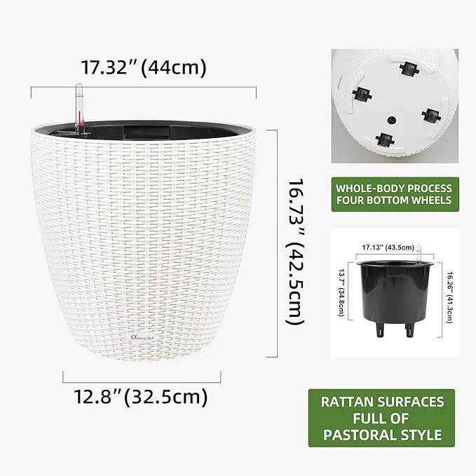 Dexceder 18x17 Inches Rattan Self Watering Planter Indoor Outdoor, Inner Pot Design, Thickened Table Flower Plant Pot with Water Level Indicator (Ivory White) by GreenHaven Gardens