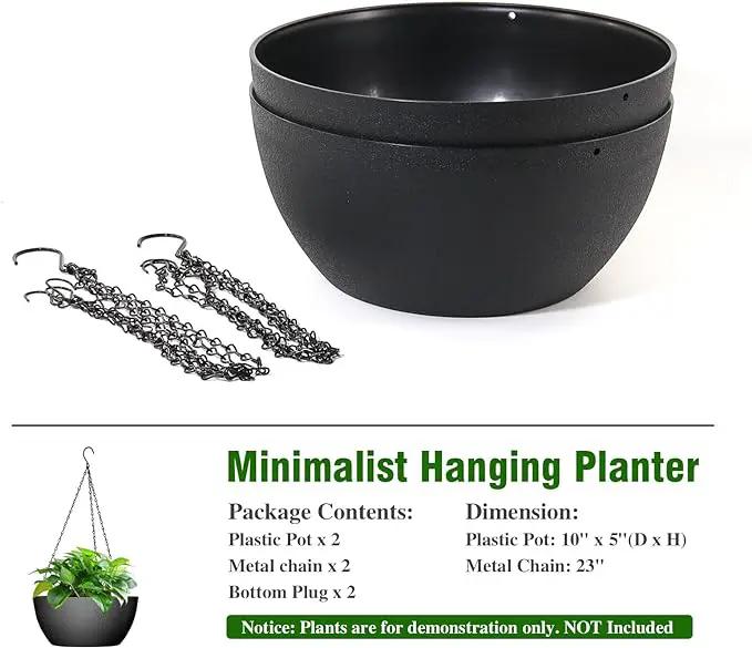 10 inch Hanging Planters for Outdoor Indoor Plants with Drainage Holes and Chain, 2 Pack Round Hanging Flower Pots for Garden Home Porch Decor, Black by GreenHaven Gardens