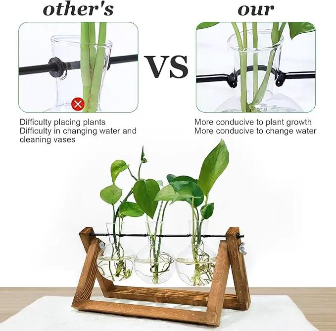 Plant Propagation Station, Plant Terrarium with Wooden Stand, Unique Gardening Birthday Gifts for Women Plants Lovers, Home Office Garden Decor Planter - 3 Bulb Glass Vases by GreenHaven Gardens