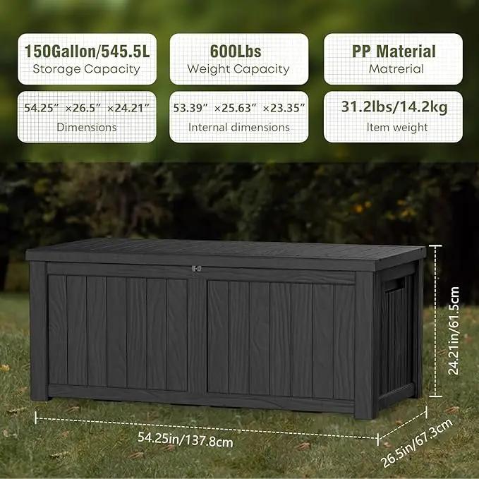 150 Gallon Outdoor Storage Box Waterproof Lockable Resin Deck Box Large, Patio Storage Bin for Pool Accessories Cushion Furniture, Garden Tools, UV-Resistant Outside Delivery Black by GreenHaven Gardens