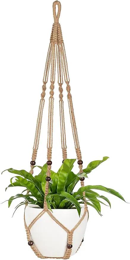 Mkono 43 Inch Macrame Plant Hanger Large for up to 12 Inch Pot Extra Long Hanging Plant Holder No Tassels Hanging Planter Basket with Wood Beads for Indoor Outdoor Home Decor, Brown by GreenHaven Gardens