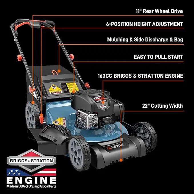 SENIX LSSG-H2 22-Inch Self Propelled Gas Lawn Mower with 163 cc 4-Cycle Engine, 3-in-1 Rear Wheel Drive Variable Speed Lawnmower, 6-Position Height Adjustment by GreenHaven Gardens