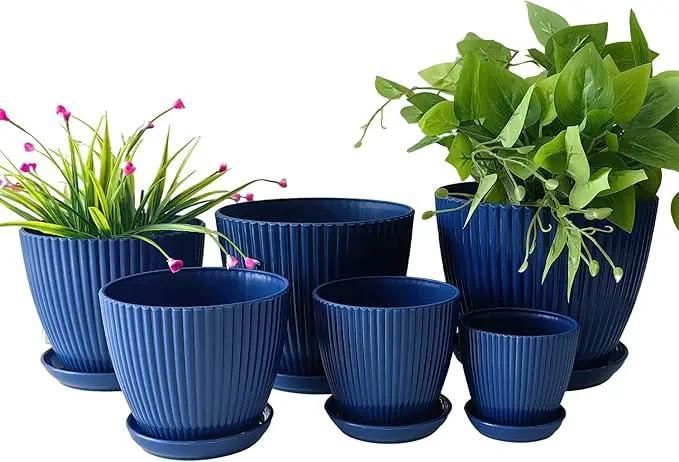 7.5/6.5/5.5/4.9/4.2/3.5 Inches Plant Planters 6 Pack, Thick Sturdy Plastic Pots for Plants, Indoor/Outdoor 6 Sizes Flower Pots with Drainage Holes and Saucers (6 Sizes,Dark-Blue) by GreenHaven Gardens