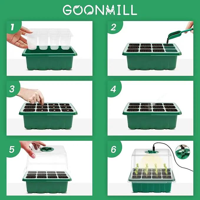Seed Starter Tray with Grow Light, 5 Packs Plant Starter Tray Seedling Starter Kit with Humidity Domes Base Indoor Greenhouse Mini Propagator Station for Seeds Growing Starting (12 Cells per Tray) by GreenHaven Gardens