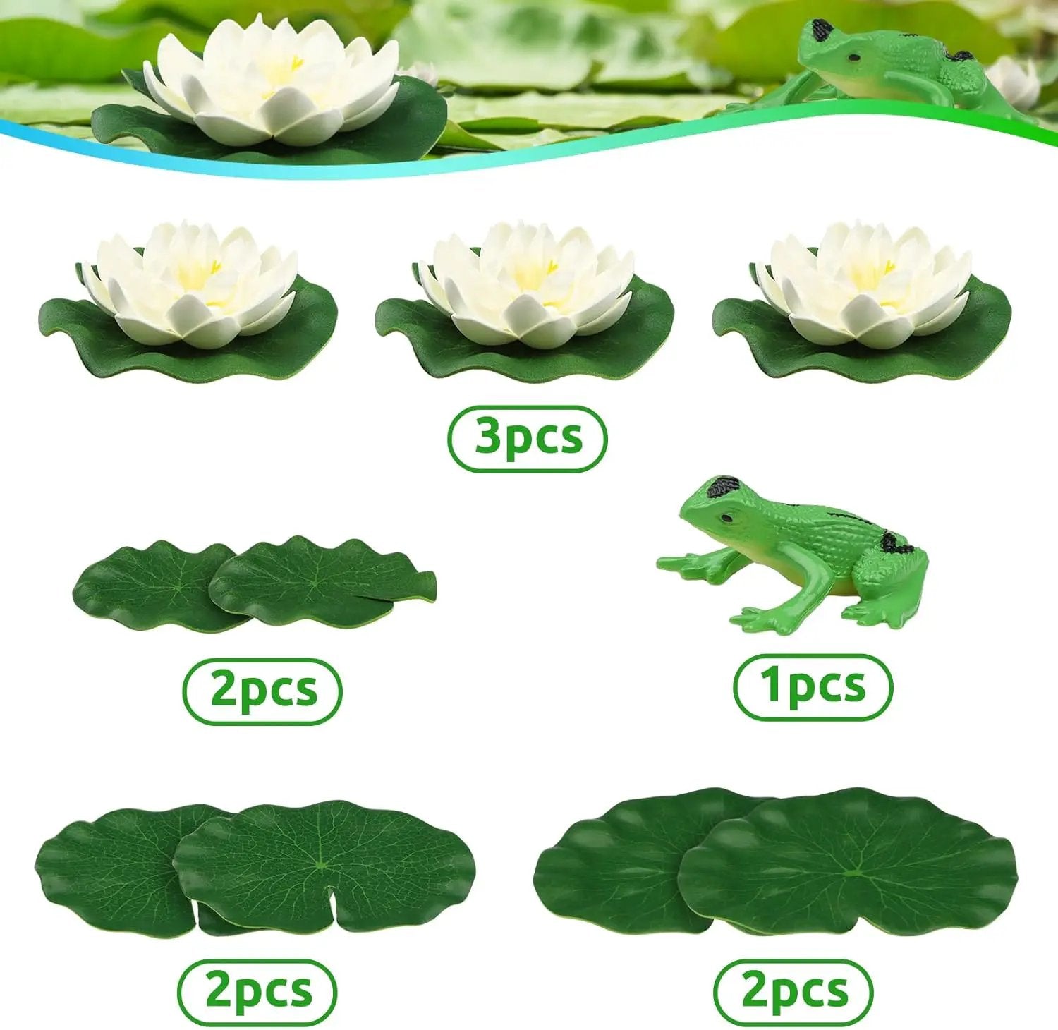 10pcs Artificial Floating Foam Lotus Flowers with Artificial Frog Lotus Leaves, Lily Pads for Lake, Pond Plants Ornaments for Pool Aquarium Water Decoration, White by GreenHaven Gardens