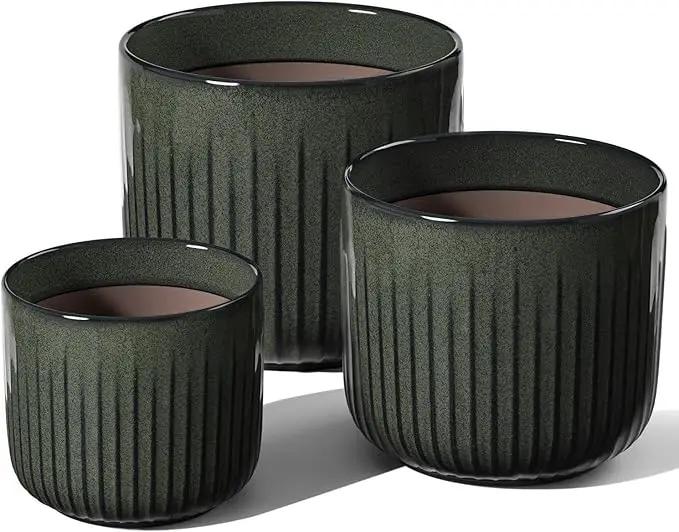LE TAUCI Fluted Ceramic Planters Set of 3 – 8.3/7 / 5.7 in Dark Olive Reactive Cylinder Indoor Plant Pots with Drainage Plug & Mesh, Glossy Stoneware Flower Pots for Succulents Herbs by GreenHaven Gardens