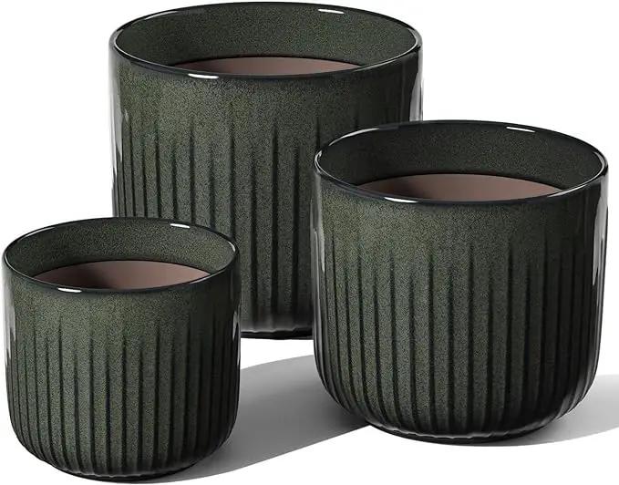 LE TAUCI Ceramic Planters for Indoor Plants, 8.3+6.9+5.7 inch Plant Pots with Drainage Holes, Cylinder Flower Pot for Indoor House Plant, Set of 3, Glaze Dark Olive by GreenHaven Gardens