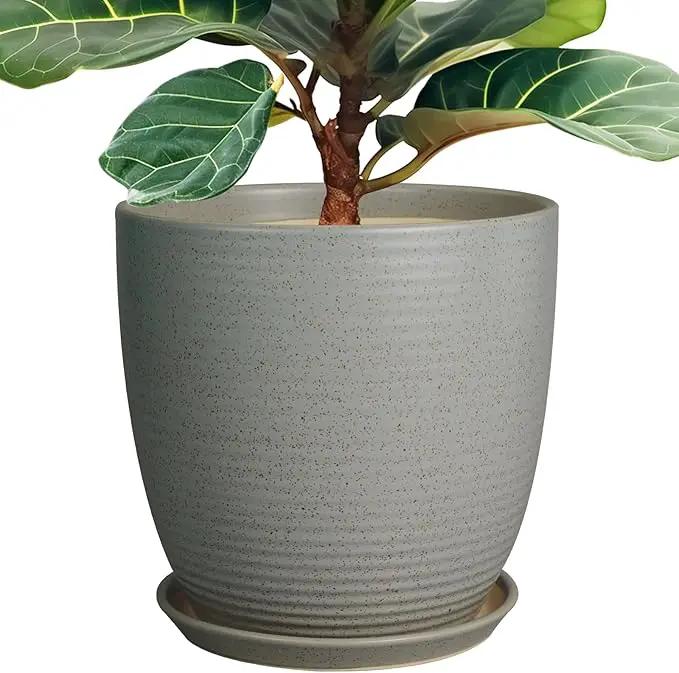 12 Inch Plant Pot, Ceramic Planter Pot with Drainage Hole and Saucer Round Large Flower Pot for Indoor Plants, Light Gray by GreenHaven Gardens