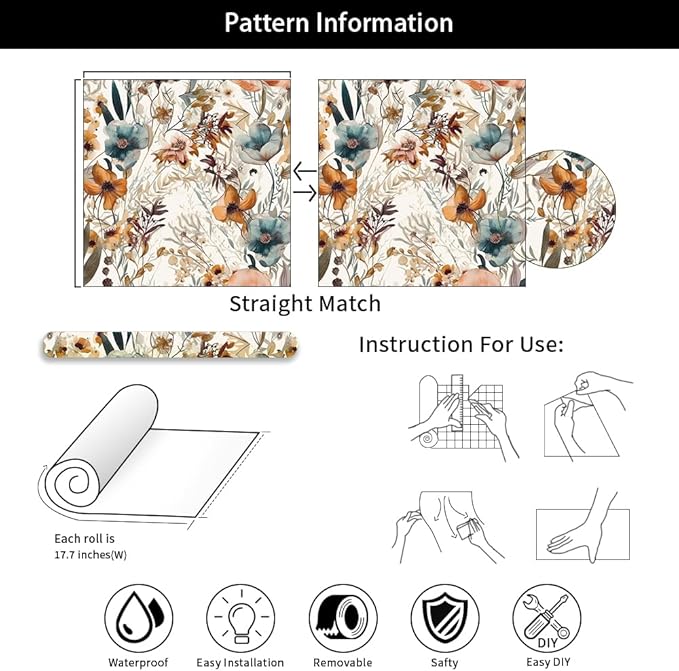 Boho Flowers Brown Leaf Plants Botanical Peel and Stick Wallpaper Self Adhesive Removable Easy Peel Off Stick on Wall Paper for Bedroom Cabinet Renter Friendly by GreenHaven Gardens
