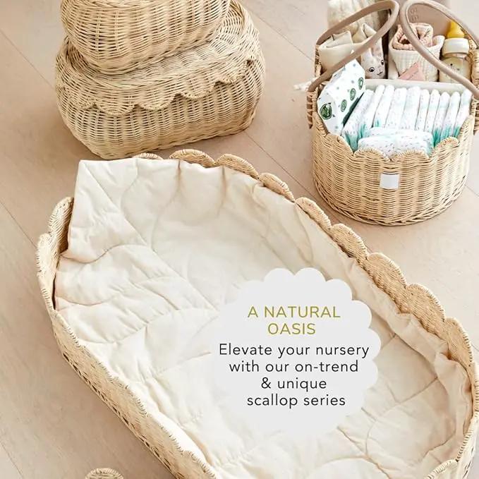 Bebe Bask Premium Baby Changing Basket - Artisan-Crafted Scalloped Rattan - Changing Basket for Baby Dresser - All Accessories Included - Complete Set for Nursery (Natural) by GreenHaven Gardens