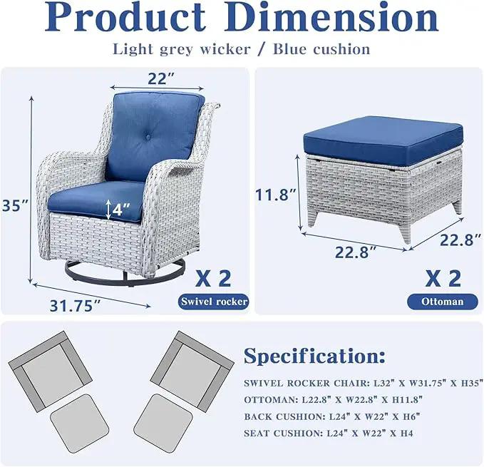 4 Pieces Patio Furniture Sets, Wicker Patio Swivel Glider Chair with Ottomans, Outdoor Furniture Set for Outside Porch Deck Balcony, Light Grey by GreenHaven Gardens