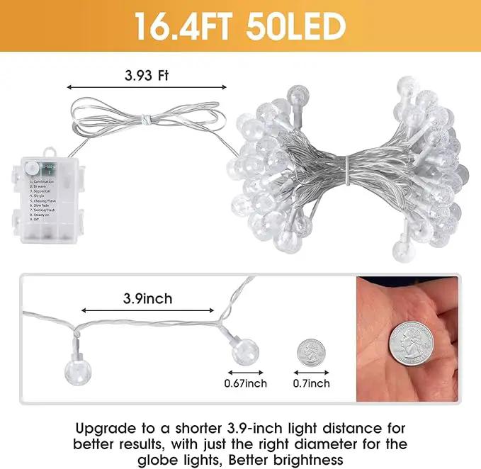 16.4ft 50LED Globe String Lights Indoor Bedroom Battery Operated, Crystal Fairy Lights IP44 Waterproof Outdoor Hanging Decorative Lights for Home Tent Patio Garden Party Wedding Decor by GreenHaven Gardens