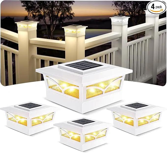 NIORSUN Solar Post Cap Lights Outdoor, 2 Modes LED, Deck Fence Post Solar Lights for 3.5x3.5 4x4 5x5 Caps Patio Garden Decoration, Warm White/Cool White Lighting White 4 Pack by GreenHaven Gardens