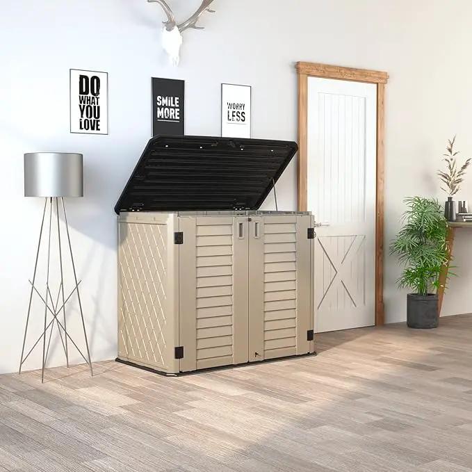 HOMSPARK Storage Shed Weather Resistance, Multi-Purpose Outdoor Storage Cabinet for Backyards and Patios, Horizontal Storage Shed for Lawnmower, Patio Accessories (Coffee, Large - 26 cu.ft) by GreenHaven Gardens