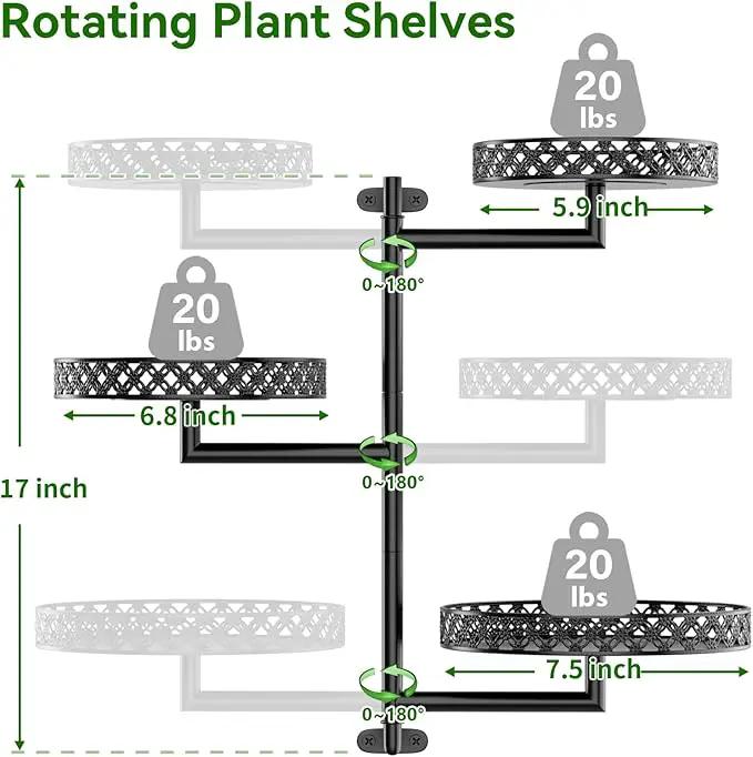 OVICAR Rotating Window Plant Shelves - Indoor Wall Plant Stand 3-Tier Floral Metal Window Shelf Holder for Multiple Plants with Hanging Hooks Home Decor Black by GreenHaven Gardens
