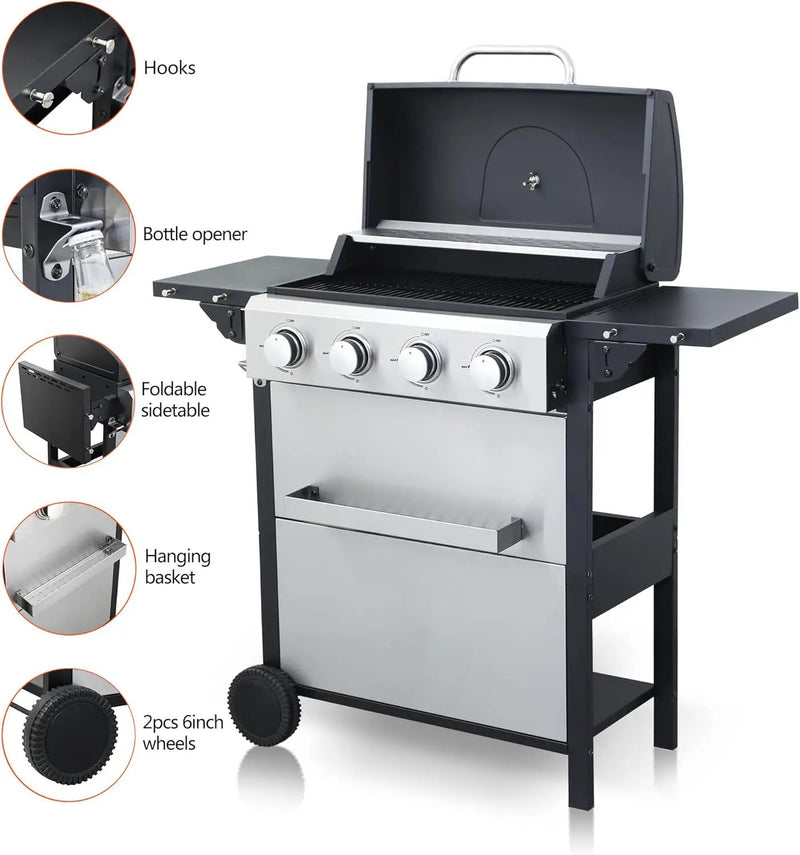 4-Burner Propane Gas Grill, 34,200 BTU Outdoor BBQ Grill with Stainless Steel Warming Rack & Enameled Cooking Grids – Foldable Side Tables, Built-in Thermometer, Hanging Basket – Heavy-Duty 6" Wheels by GreenHaven Gardens
