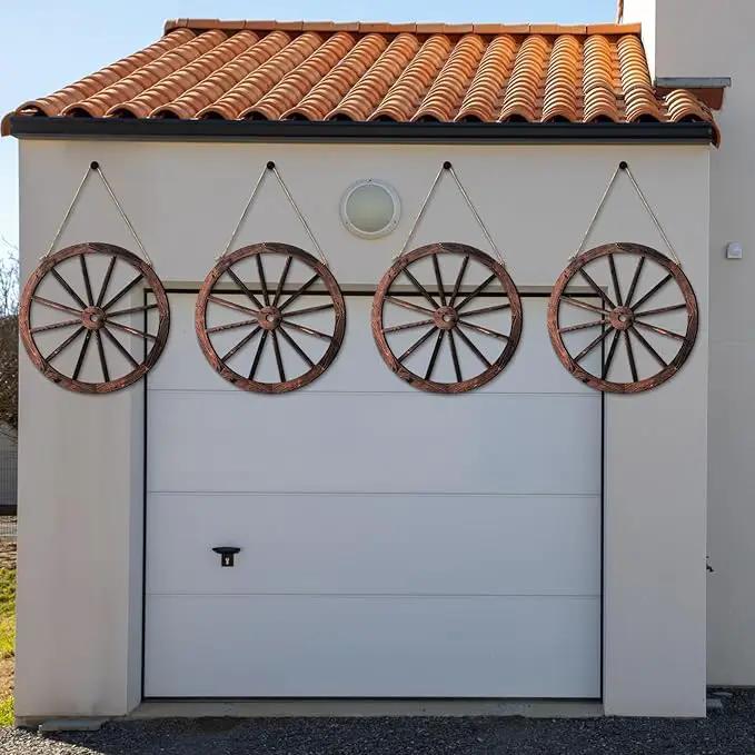 Qunclay 4 Pcs Wooden Wagon Wheel Wall Decor Old Western Wood Boho Wall Art Farmhouse Boho Wagon Wheels Rustic Yard Decor Wood Hanging Decorations for Garden Home Bar Garage (17.7 Inch) by GreenHaven Gardens