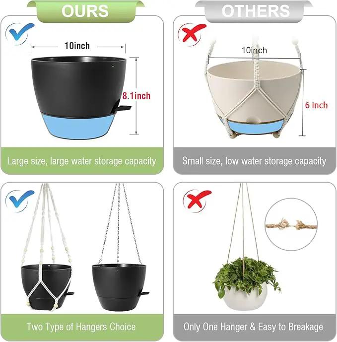 10 inch Self Watering Hanging Planters, 2 Pack Hanging Baskets for Indoor Outdoor Plants, Hanging Flower Pots with Drainage Holes & 2 Kinds of Plant Hangers for Garden Home Decor, Black by GreenHaven Gardens