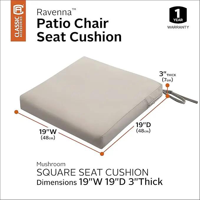 Classic Accessories Ravenna Water-Resistant 19 x 19 x 3 Inch Patio Seat Cushion, Mushroom, Chair Seat Cushion by GreenHaven Gardens
