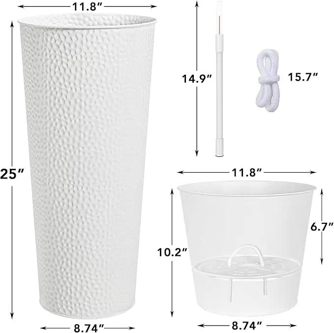 KOL 25" H. Metal Hand-Hammered Planters with Inner Pots 2-Pack, White Decor Planter for Deck, Patio, Porch - Galvanized Steel Handcrafted Flower Pot - w/Water Level Indicator - Indoor Outdoor Use by GreenHaven Gardens