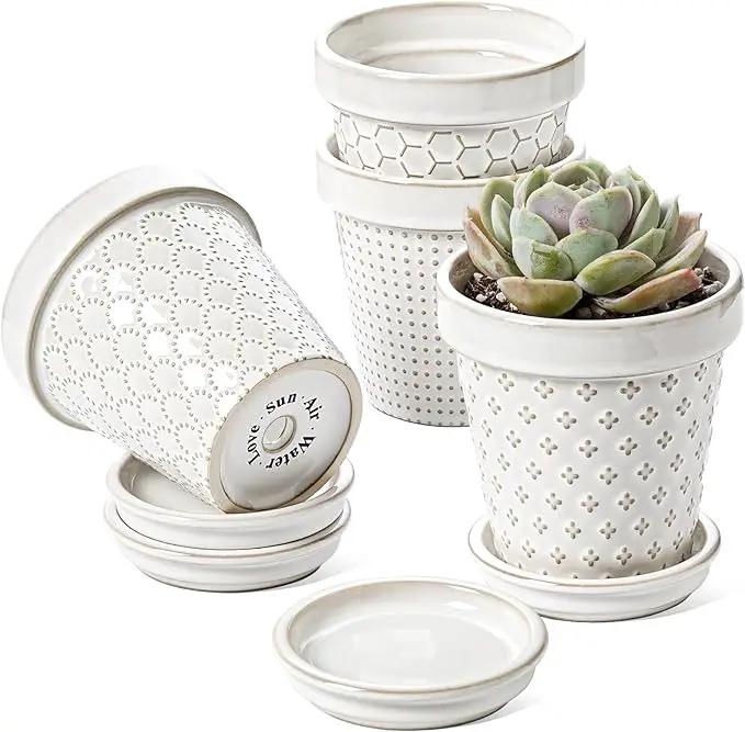 LE TAUCI Ceramic Succulent Pots, 4 Inch Small Plant Pot for Indoor Plant Cactus, Embossed Flower Pots with Drainage Hole & Saucer - Set of 4, Arctic White by GreenHaven Gardens