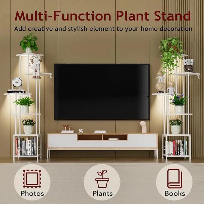 Plant Stand Indoor with Grow Light, 6-Tiered Tall Plant Stand Indoor, Metal Plant Shelf with Hanging Basket Hook and Adjustable Light, Ideal for Living Room, Garden, Patio white by GreenHaven Gardens