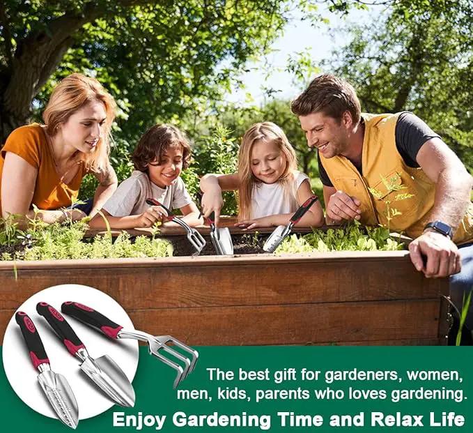 ESOW Garden Tool Set with Non-Slip Rubber Handle, 3 Piece Cast-Aluminum Heavy Duty Gardening Kit Includes Hand Trowel, Transplant Trowel and Cultivator Hand Rake, Red by GreenHaven Gardens