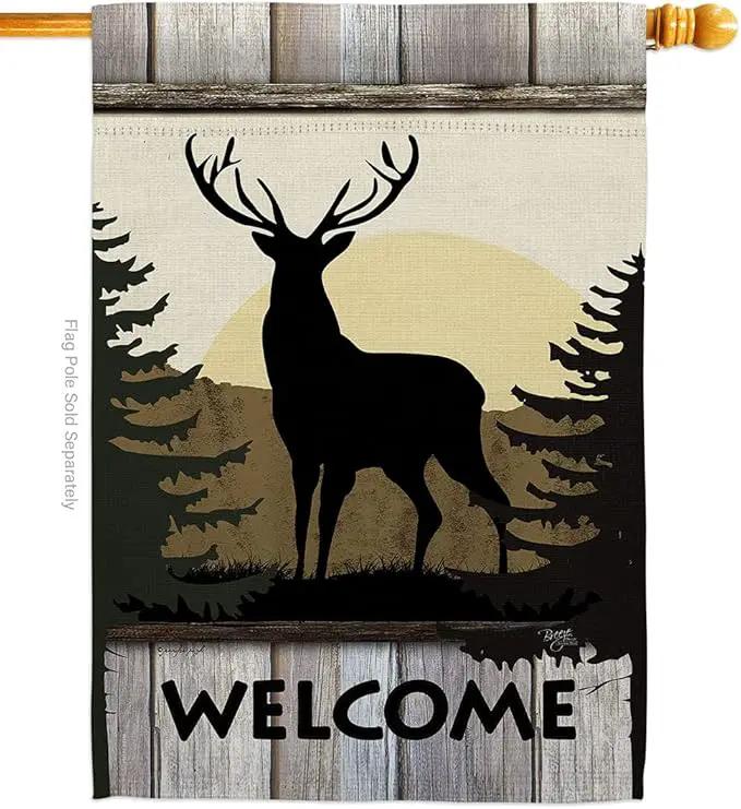 Welcome Deer House Flag Animals Wildlife Outdoor Bear Wolf Pet Nature Farm Animal Creature Small Decorative Gift Yard Banner Made In USA 28 X 40 by GreenHaven Gardens