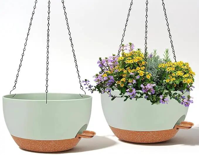 2 Pack 12 Inch Large Hanging Planters with Chains Self Watering Green Brown Plastic Hanging Pots for Indoor Outdoor Plants, Garden Porch Home Decor，Green Brown by GreenHaven Gardens