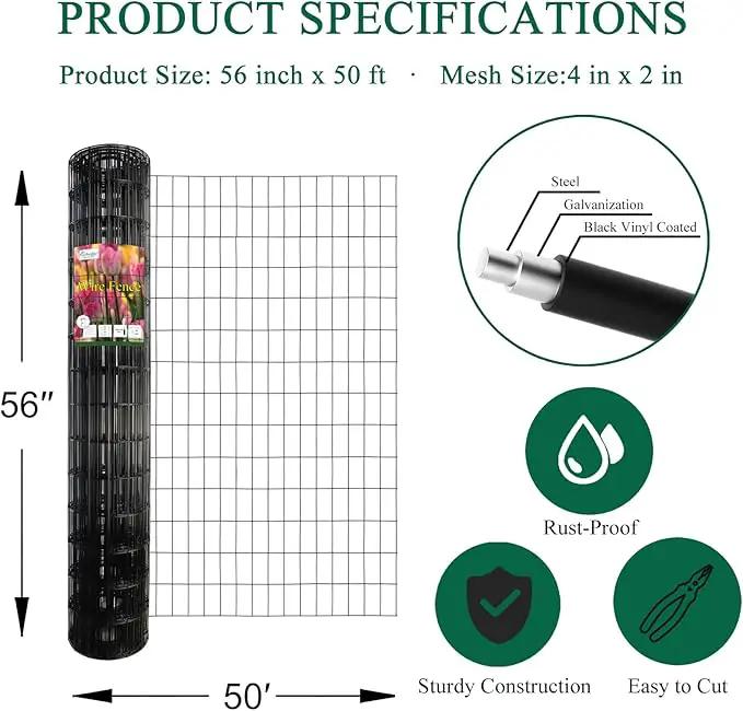 Black PVC Coated Welded Wire Fence 56 Inch x 50 Foot, 2 Inch x 4 Inch 14GA, Garden Border Fencing Roll Vinyl Coating Metal Wire Mesh Hardware Cloth for Yard Vegetable Plant Protection by GreenHaven Gardens