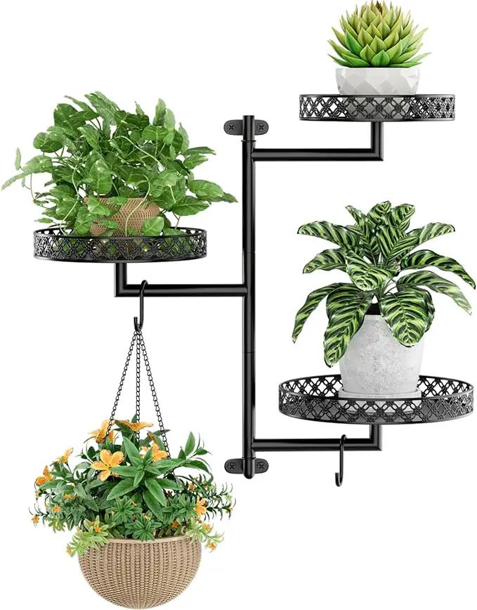 OVICAR Rotating Window Plant Shelves - Indoor Wall Plant Stand 3-Tier Floral Metal Window Shelf Holder for Multiple Plants with Hanging Hooks Home Decor Black by GreenHaven Gardens