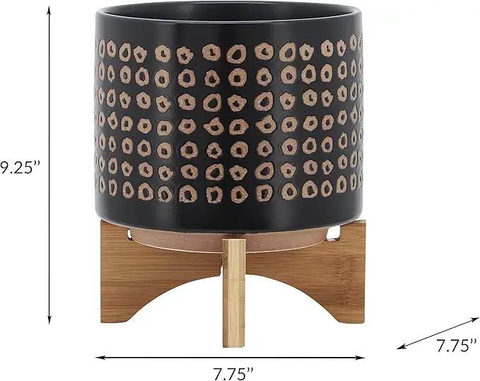 Sagebook Home 9.25" H 8" Diameter Natural Sand and Deep Brown Glazed Ceramic Dotted Planter on Brown Rubberwood Stand for Indoor and Outdoor Decorating by GreenHaven Gardens