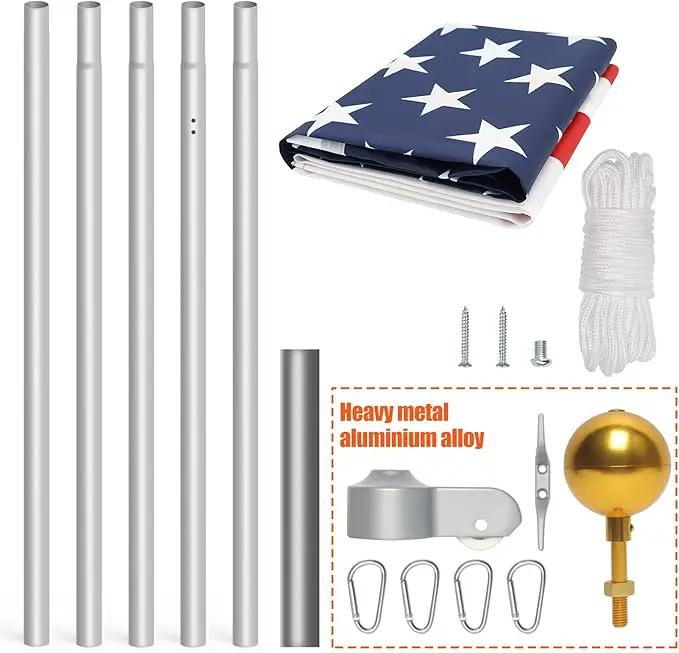 NELXINJO 20FT Sectional Flag Pole Kit, Heavy Duty Aluminum Outdoor In-Ground Flagpole, Gold Ball Top, 3x5 USA Flag for Residential commercial Outdoor Garden(20FT, Silver) by GreenHaven Gardens