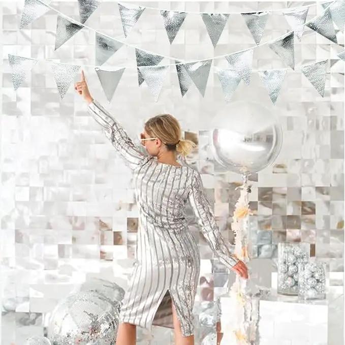 Silver Party Decorations Metallic Fabric Triangle Pennant Banner Silver Flag Bunting Garland for Graduation Birthday Wedding Bridal Shower Anniversary Engagement Bachelorette Party Decoration Supplies by GreenHaven Gardens
