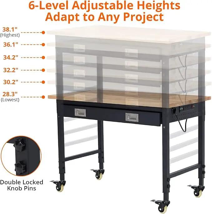 48x24 Inch Heavy-Duty Adjustable Workbench with Rubber Wood Top – 2000LB Capacity Mobile Garage Workstation with Drawer, Ideal for Workshop, DIY & Tool Storage by GreenHaven Gardens