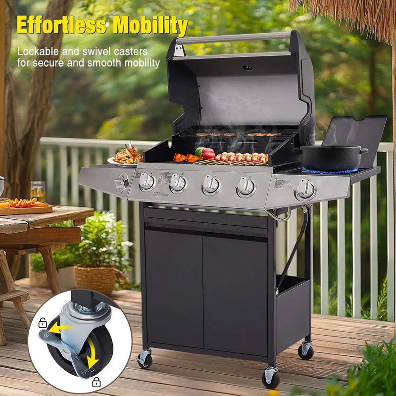 Unovivy 4-Burner Propane Gas Grill with Side Burner, Portable BBQ Grills with Oil Tray and Built-in Thermometer for Outdoor Barbecue, Camping, Patio, Backyard, 49,000 BTU by GreenHaven Gardens