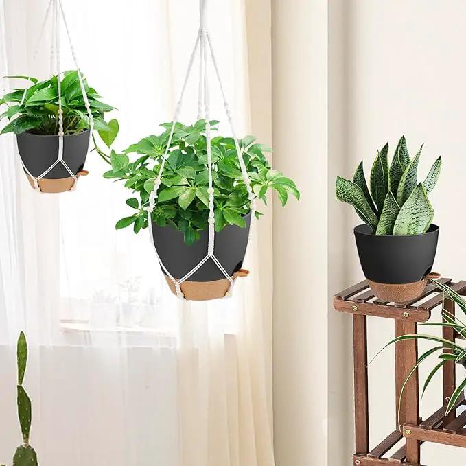 41.5 Inch Macrame Plant Hanger Indoor Outdoor with 12 Inch Flower Pot, Hanging Planter for Plants Holder with Wood Beads for Boho Home Decor (Ivory+Black) by GreenHaven Gardens