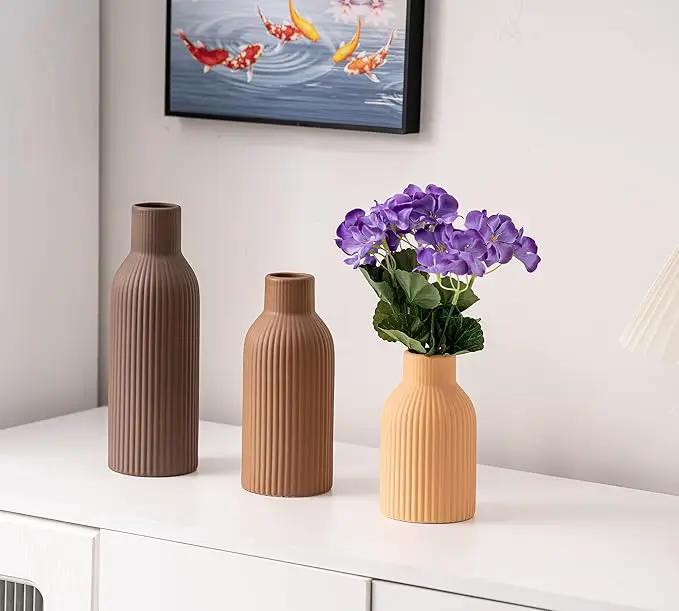 Ceramic Vase Set of 3, Flower Vases for Spring Room Decor, Kitchen Farmhouse, Modern Boho Style(Brown/Dark Brown/Orange) by GreenHaven Gardens