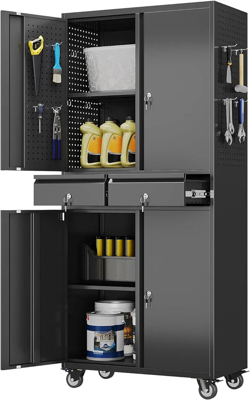 Aobabo Metal Storage Cabinet with Wheels and 2 Locking Drawers, Steel Rolling Tool Cabinet with 8 Hooks and 2 Adjustable Shelves for Garage, Home, Office, Kitchen, Assembly Required, Black by GreenHaven Gardens