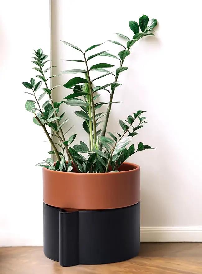 8 Inch Self-Watering Planter Pot with Terracotta Insert, Deep Water Reservoir, and Ceramic-Alike BPA-Free Plastic Planter Pot for Plant, Modern Planter for Houseplants, Black/Terracotta, 53-B-T-5 by GreenHaven Gardens