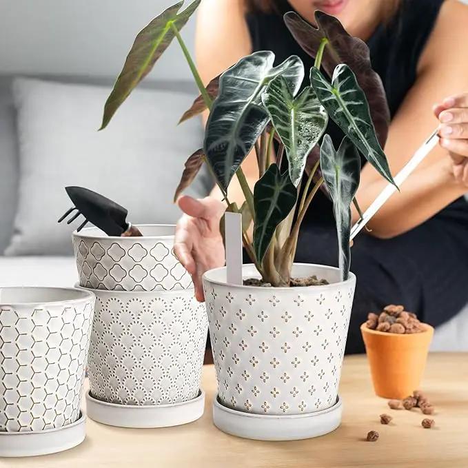 EFISPSS Ceramic Plant Pots Indoor, 5 Inch Planters with Drainage Holes and Ceramic Tray, Relief Design Flower Planter, Desktop Office Windowsill Decoration Gift Set of 4, White by GreenHaven Gardens