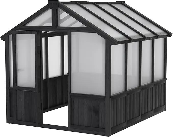 6x8 FT Greenhouse Kit for Outdoor, Thickened Polycarbonate Panel Wooden Walk-in Green House with Lockable Door and Adjustable Roof Vent, Backyard Garden, Black by GreenHaven Gardens