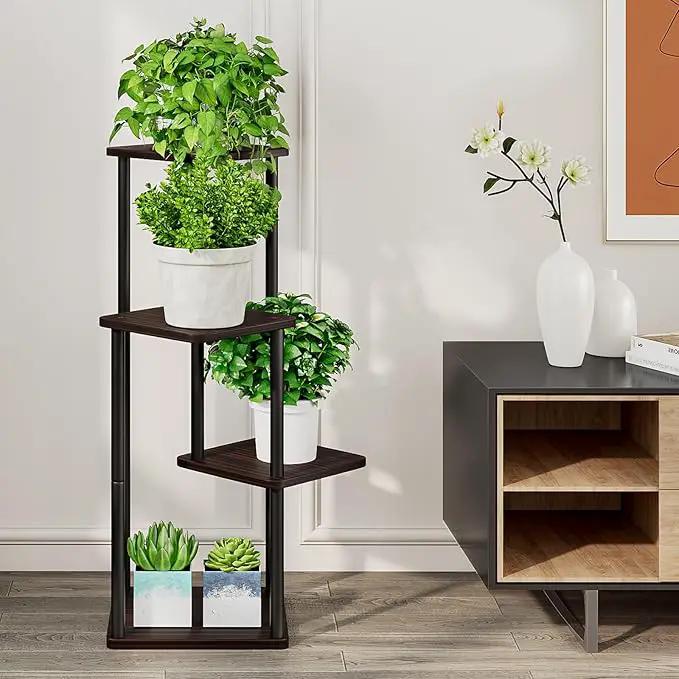 AZERPIAN Plant Stand 4 Tier Indoor Metal Flower Shelf for Multiple Plants Corner Tall Flower Holders for Patio Garden Living Room Balcony Bedroom, Black oak by GreenHaven Gardens