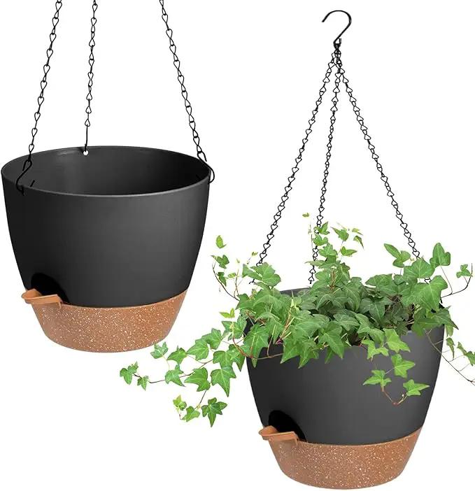 Hanging Planters for Indoor Outdoor Plants, 2 Pack Self Watering Hanging Pot with Drainage Holes & Removable Tray (Black, 8'') by GreenHaven Gardens